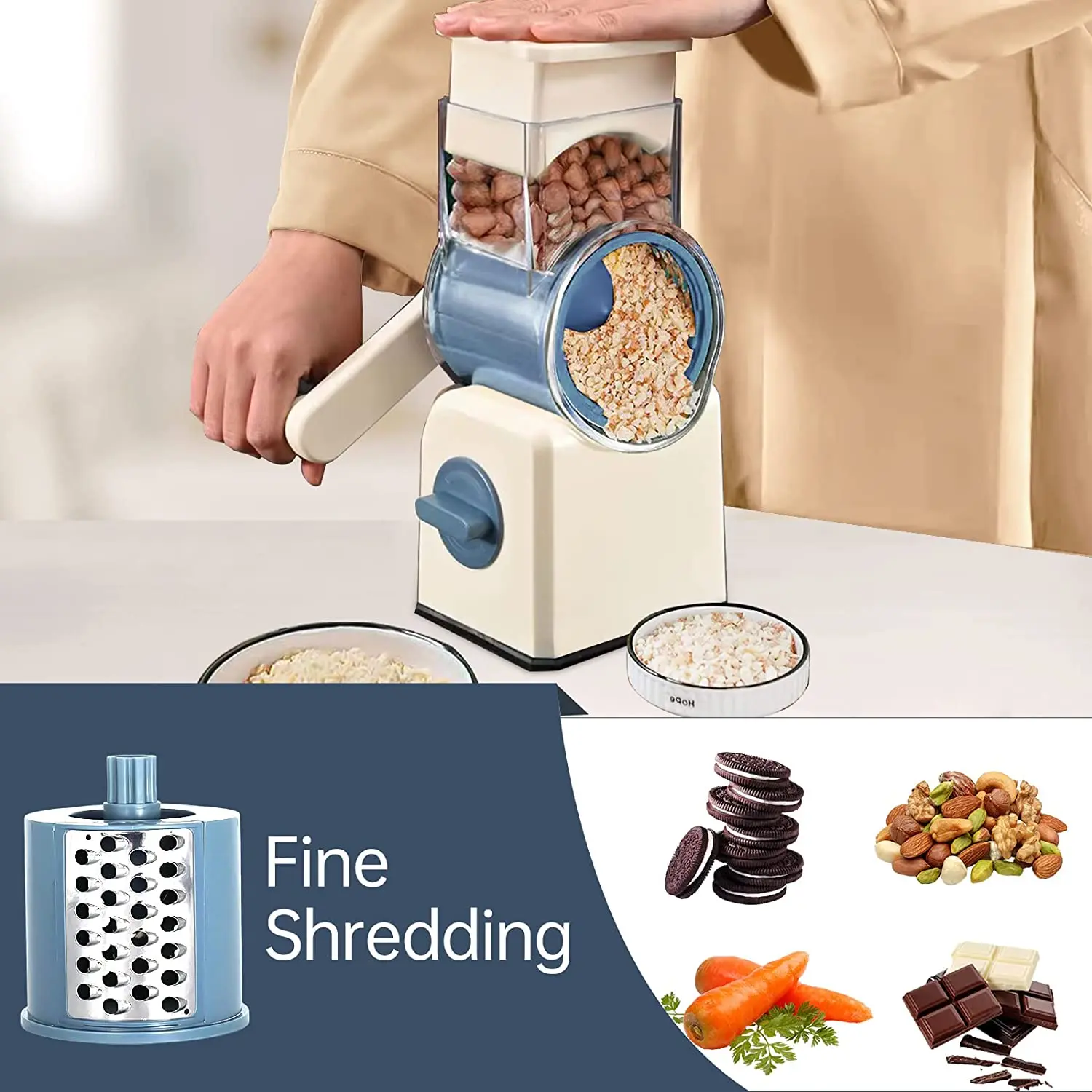 Kitchen 3 In 1 Manual Drum Rotary Cheese Grater Round Mandoline Vegetable Cutter/Slicer/Chopper Safe Food Grinder