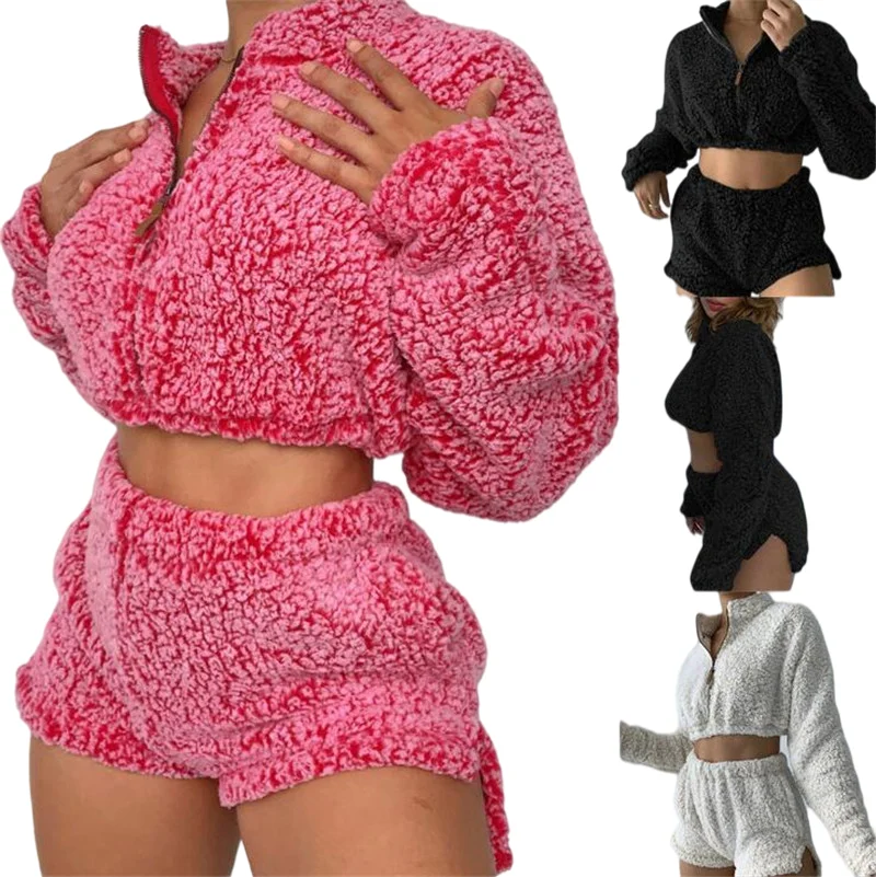 
2021 Plus Size Fall Women Clothing Loungewear Long Sleeve Pullover Zipper Sweatshirt Short Pants Set Fuzzy Two Piece Pants Set 