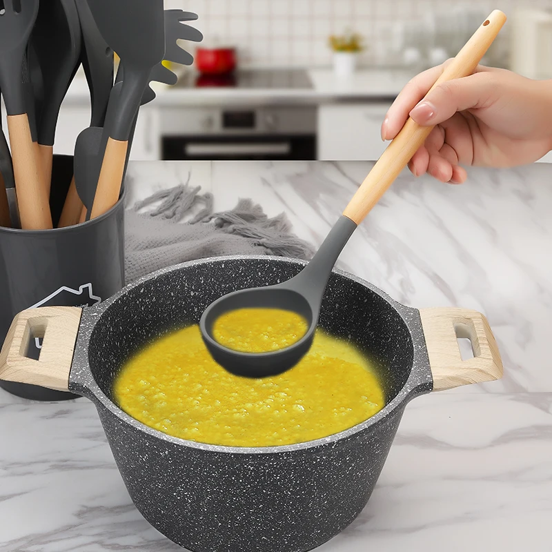Kitchen Silicone Cookware Cooking Utensil Set Wooden Handle Non-Stick Silicone Spoon Turner Spatula Whisk Brush Food tong Holder