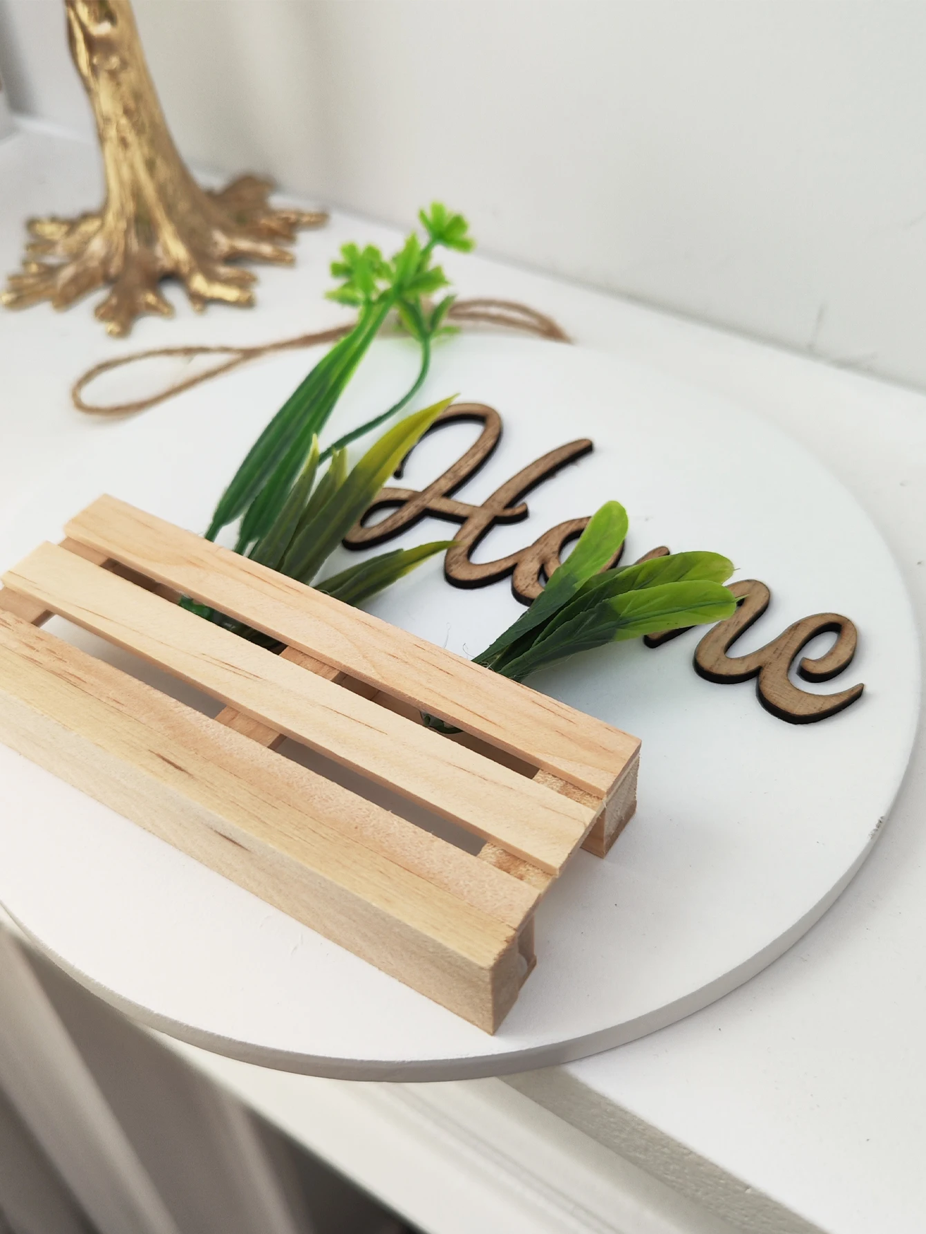 Wooden wall hanging mounted vase with simulated plant home abstract and minimalist natural style home decor