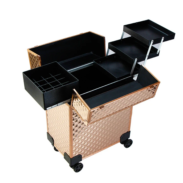 Rolling Makeup Case Large Storage Cosmetic Trolley with Sliding Rail Removable Salon Barber Case Traveling Cart Trunk