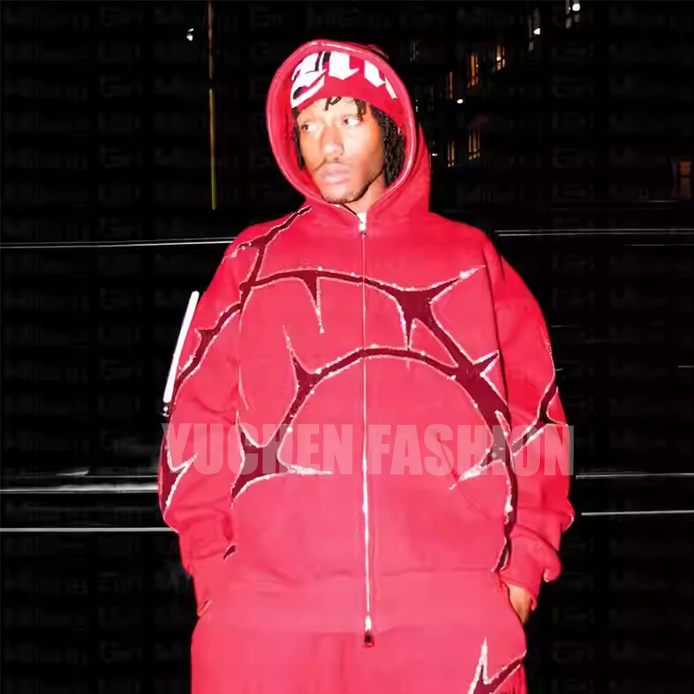 100% Cotton Streetwear Heavy Weight Men Zip Up Rhinestone Hoodie Manufacturer Custom Logo Print Rhinestone Full Zip Up Hoodie