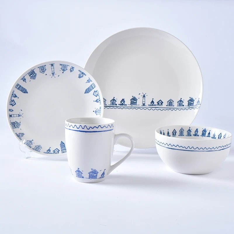 Wholesale high quality 16 pcs ceramic tableware simple blue applique porcelain dinner set dinnerware set