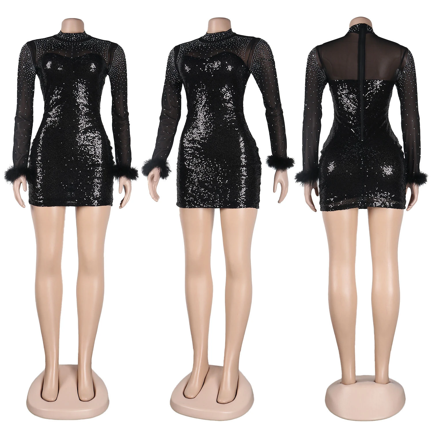 W81053 sexy rhinestones feather mesh sequin party dress women