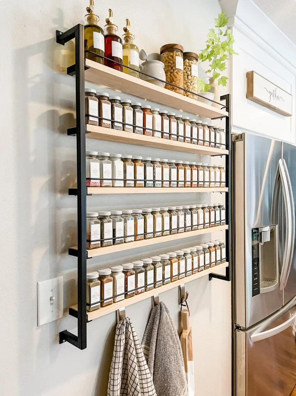 Wall Mounted Hanging Spice Rack Organizer- Heavy-duty Metal Cans Shelves With Wood Tray Organization and Storage