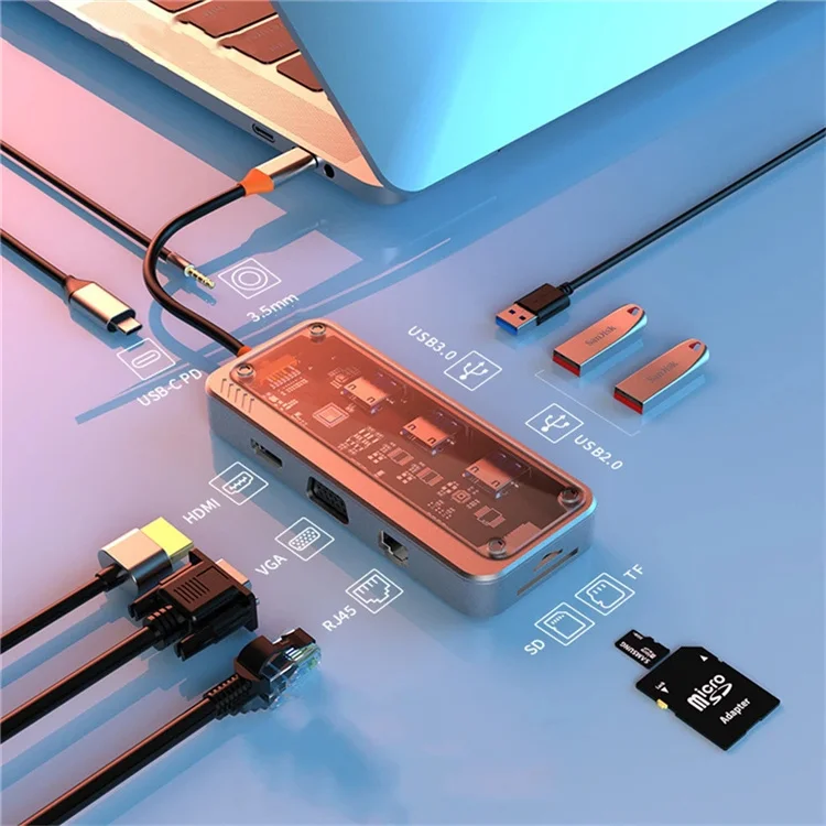 10 In 1 Docking Station USB Hub USB3.0 100M/1000M HDTV TF/SD Card+M.2 NVME SATA Enclosure For MAC Pro 4K Splitter