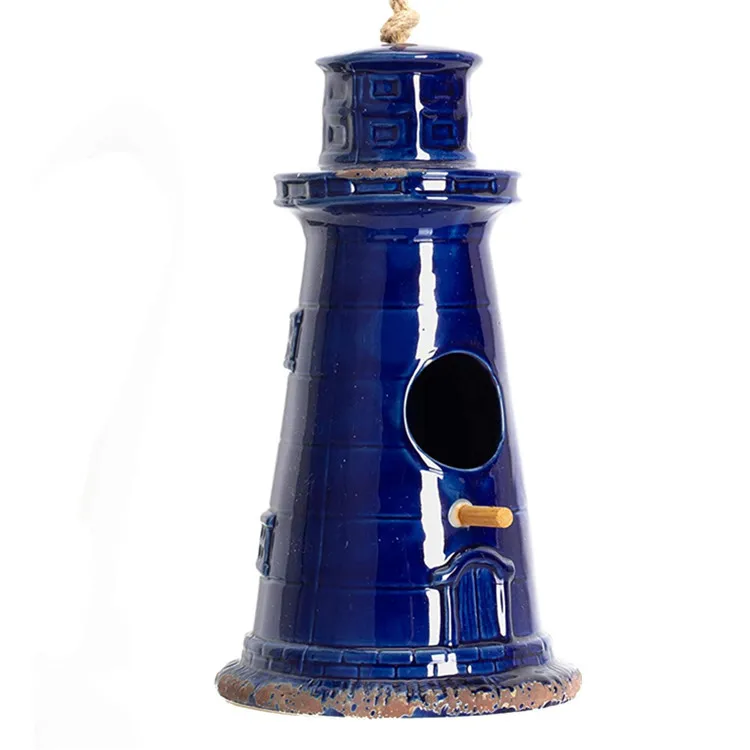 Nautical Lighthouse Glossy Blue 9 x 6 Ceramic Birdhouse with Twine Hanger