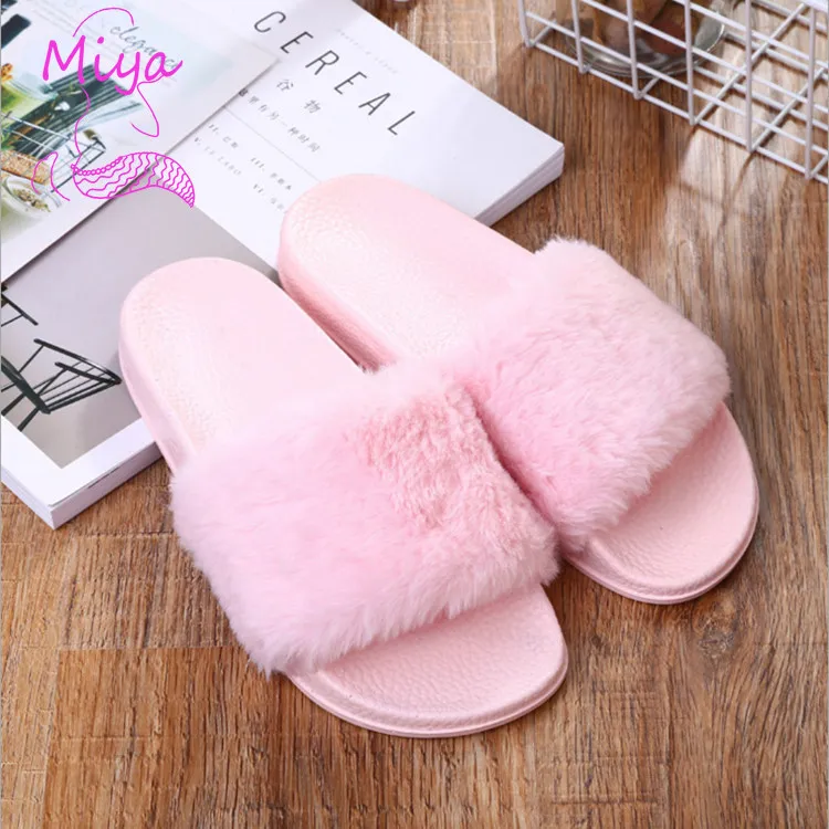 FR-2024 Latest fall winter Furry Slipper for Women Candy Colors Pompom Fur Upper Opern Toe EVA Sole Casual Home Flat Fur Slipper
