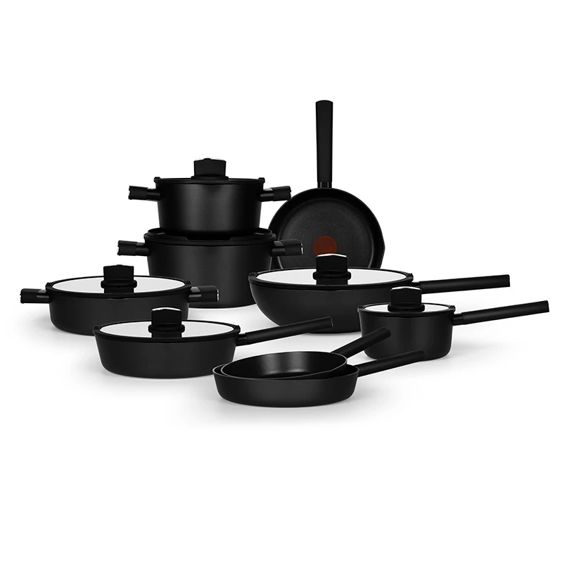14 pieces new style nonstick aluminum pressed cookware set with red centre thermo signal system