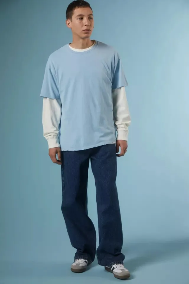 MGOO Manufacturer Solid blue t-shirt Men ripped vintage tee