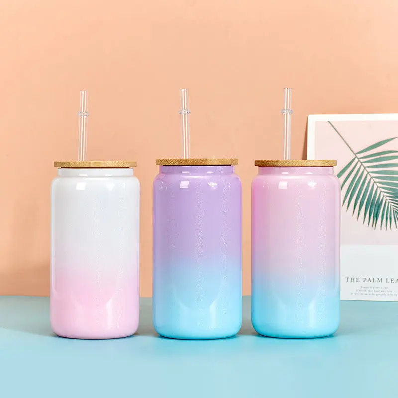Wholesale 16oz Can Shaped Color Gradient Frosted Beer Glass Cup With Bamboo Lid And Straw