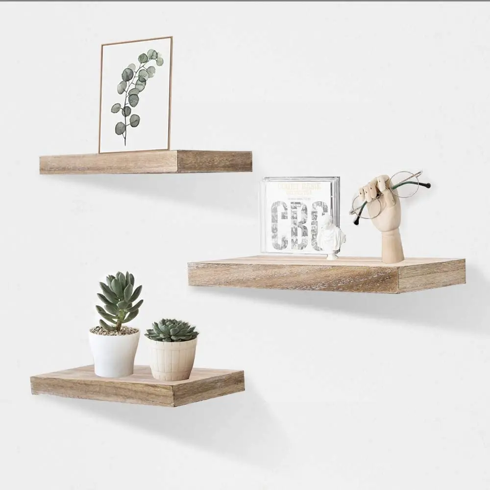 Floating Wall Mounted Shelves, Set of 3 Display Rustic Wood Ledge Shelves Wide Panel for Bedroom Office Kitchen Living Room, 5.9