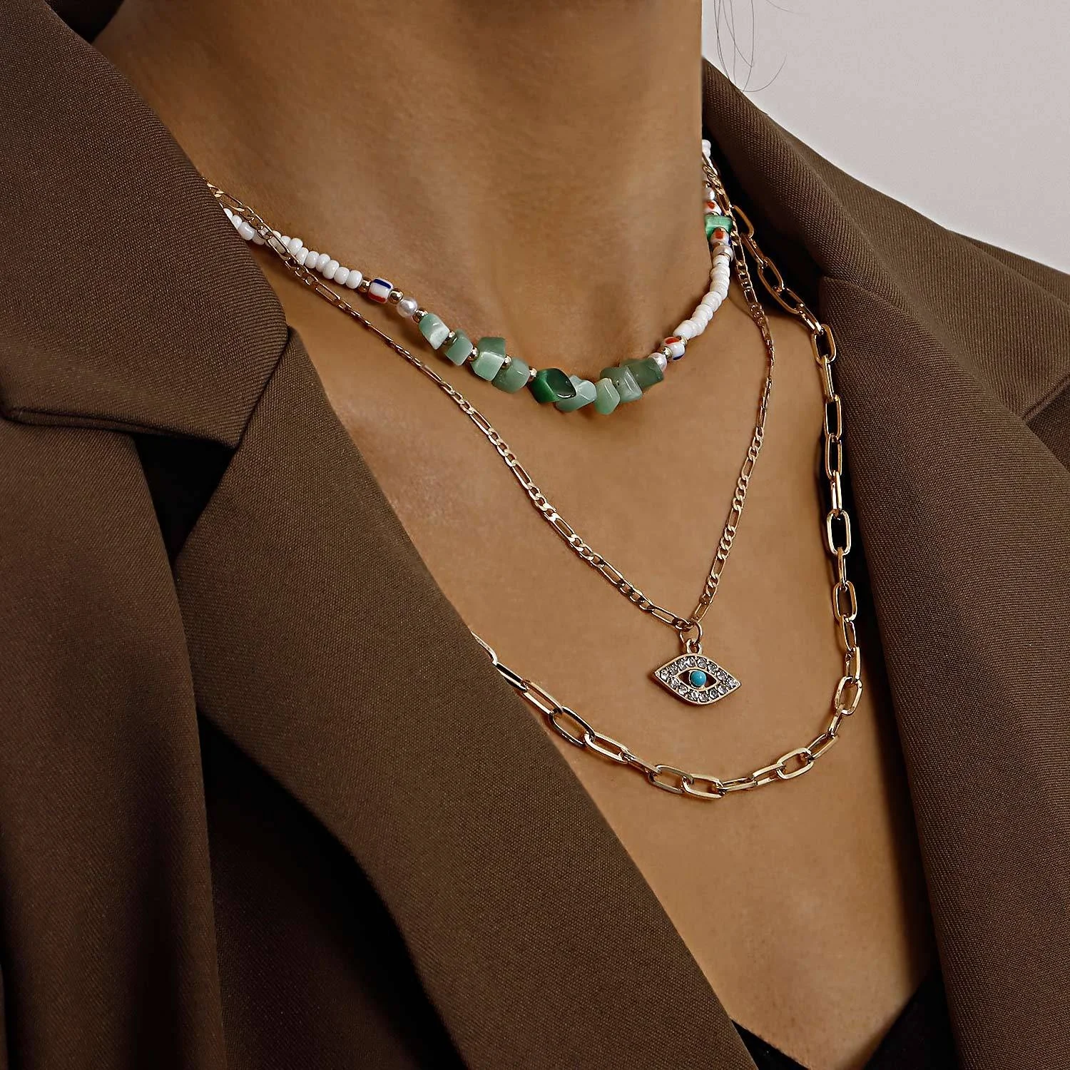 Hot Selling Multi-layer Necklace Rice Beads Turquois Choker Rhinestone Turkish Eyes Pendant Necklace Women Fashion Jewelry