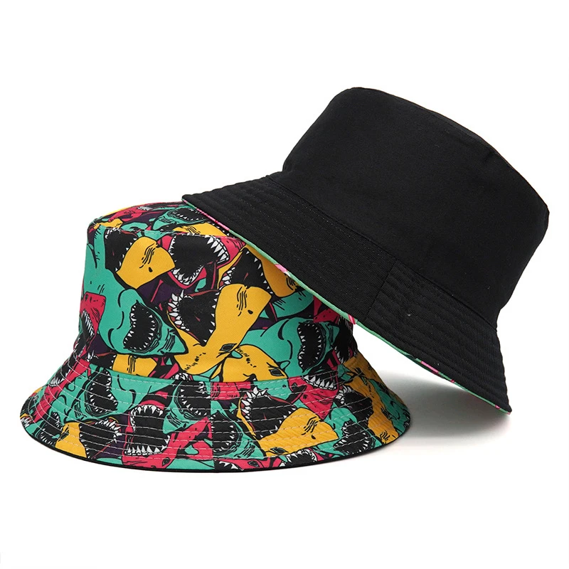 Summer Hip Hop Travel Beach Cap For Men Women Double Sides Graffiti Panama Caps Shark Print Fisherman Hats Cartoon Bucket Hat