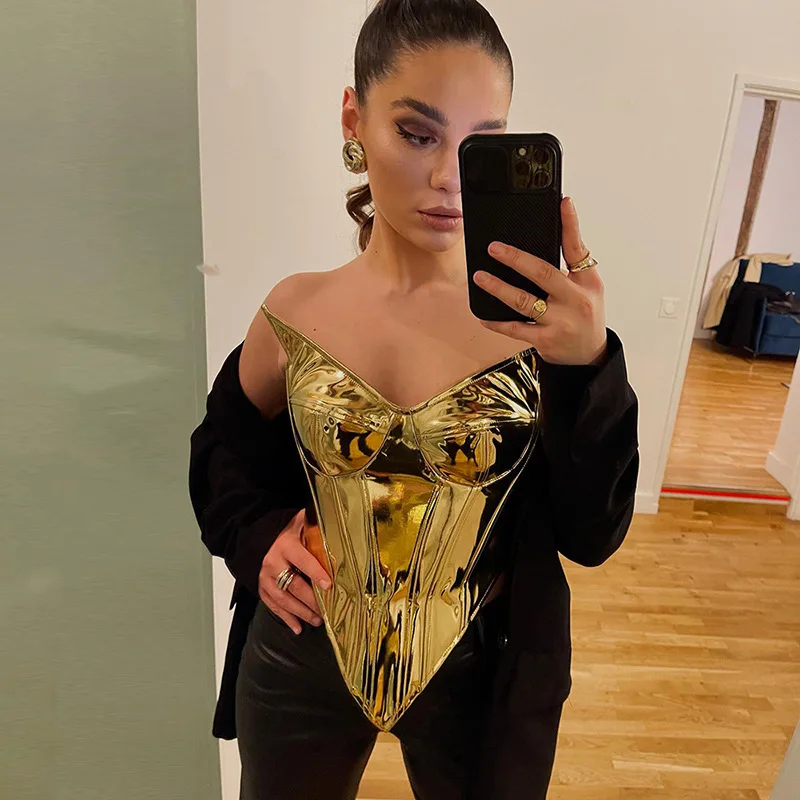 Ladies Latest Design Sexy Deep V Neck Mesh Splicing Tops Women Club Leather Corset Top