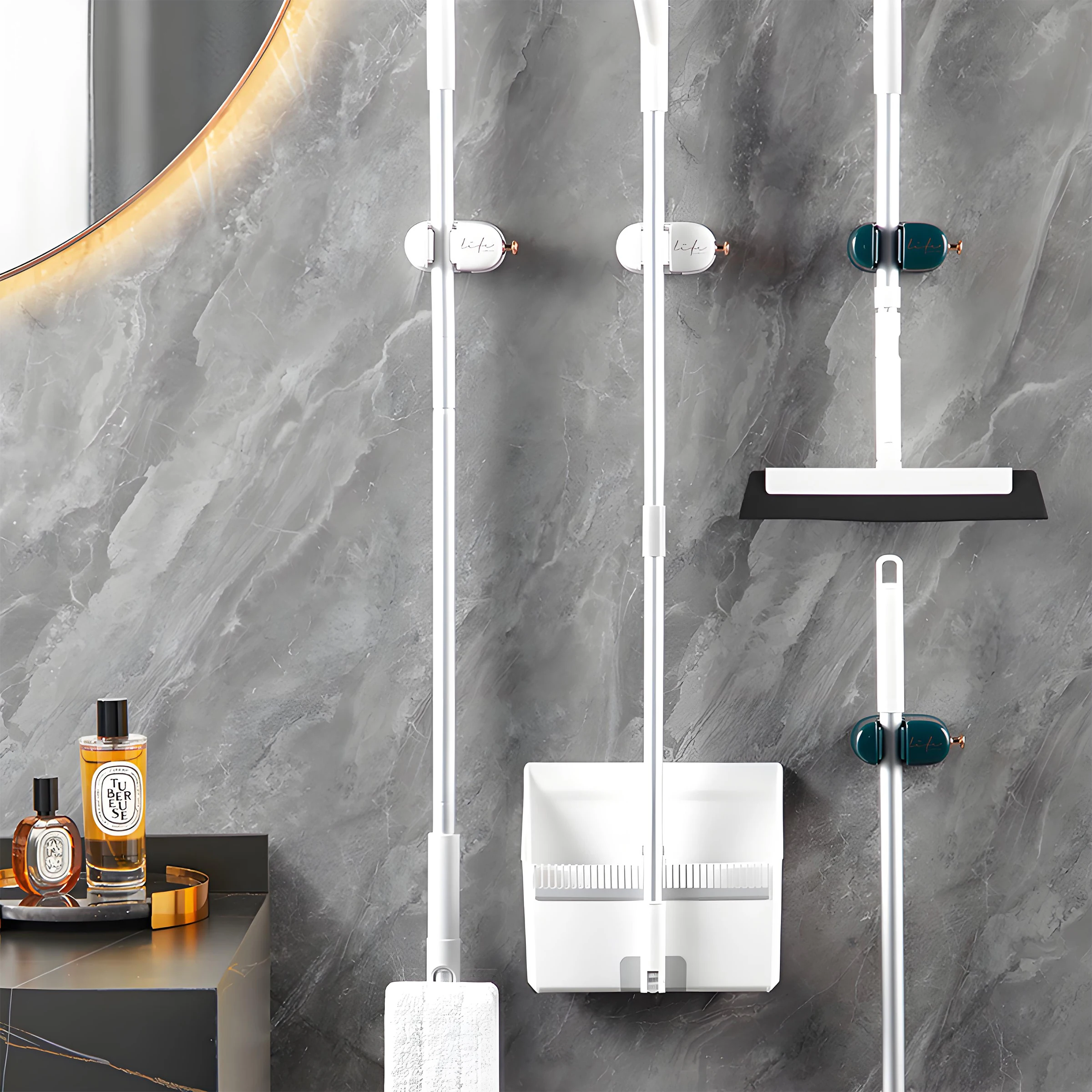 Hot Home Wall-Mounted Multifunctional Bathroom Storage Racks Hole-Free with Rag Hooks and Broom Mop Clip Storage