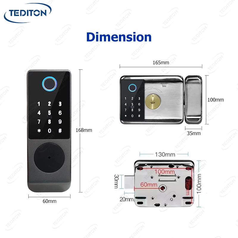 Tediton IP66 Waterproof Remote Control Tuya Smart App Password Code Card Rim Double Sided Fingerprint Smart Door Lock