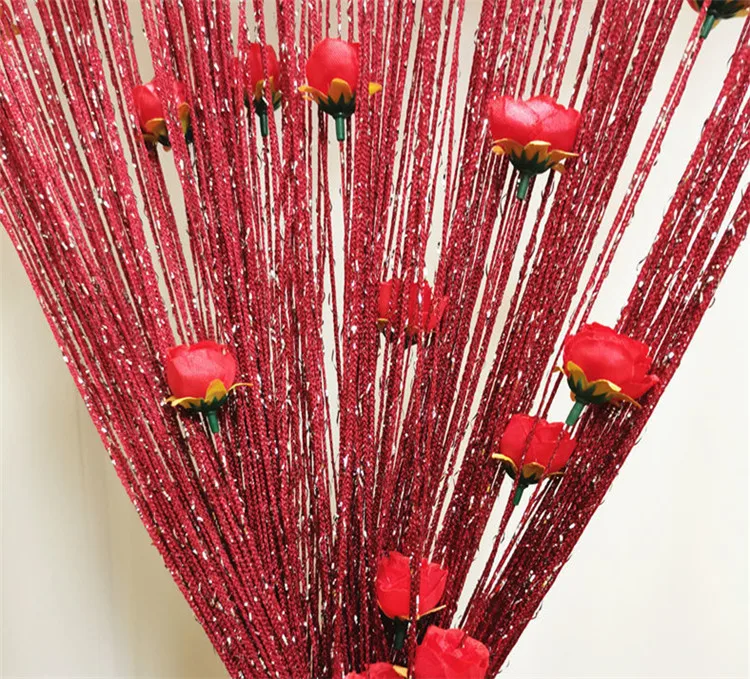 Tassel String Curtain Panels with Artificial Rose Flower Hanging Beaded Fringe Fabric Wedding Living Room Divider Curtains