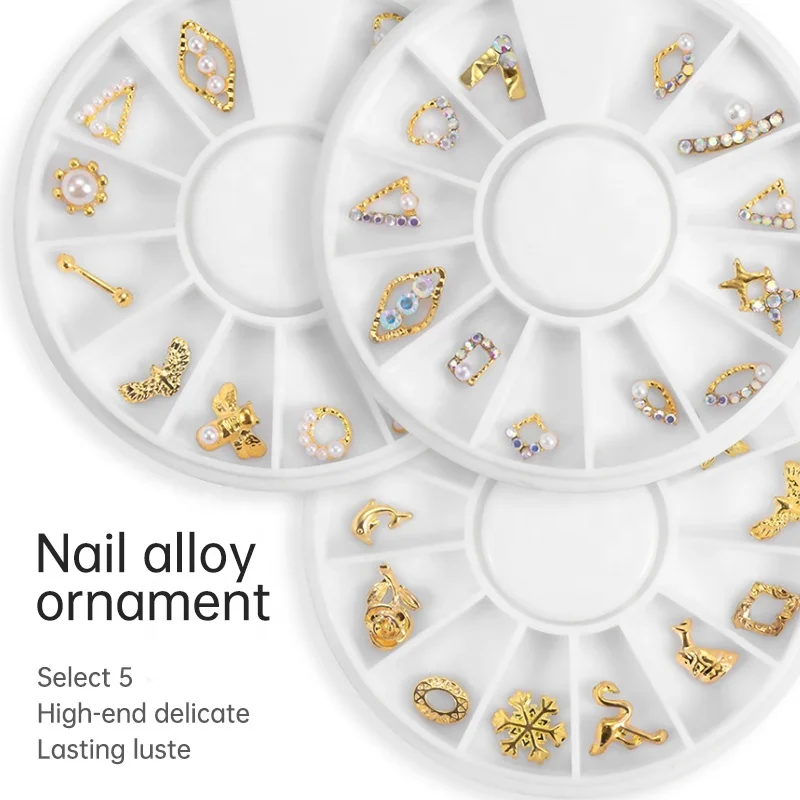 Сплав ногтей дрель Блестящими Металлическими пряжками серьги-гвоздики для ногтей, с горным хрусталем, 3D салон аксессуары ювелирные изделия с цветочным узором на День святого Валентина для художественного оформления ногтей колеса