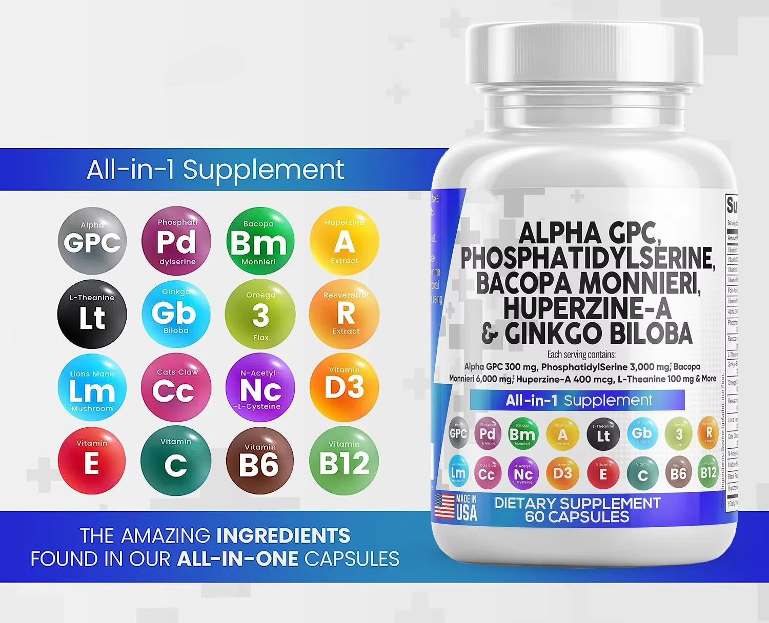 Alpha GPC Choline Capsules Phosphatidylserine Bacopa Monnieri Ginkgo Biloba Phosphatidylserine Enhanced Brain Function Adults