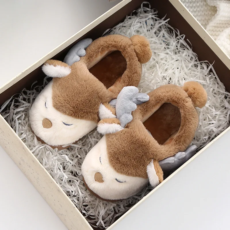 HO Cartoon Animal Christmas Deer Winter Plush Children Girls Slippers Customized Fluffy Indoor Home Slippers For Baby Kids Girls