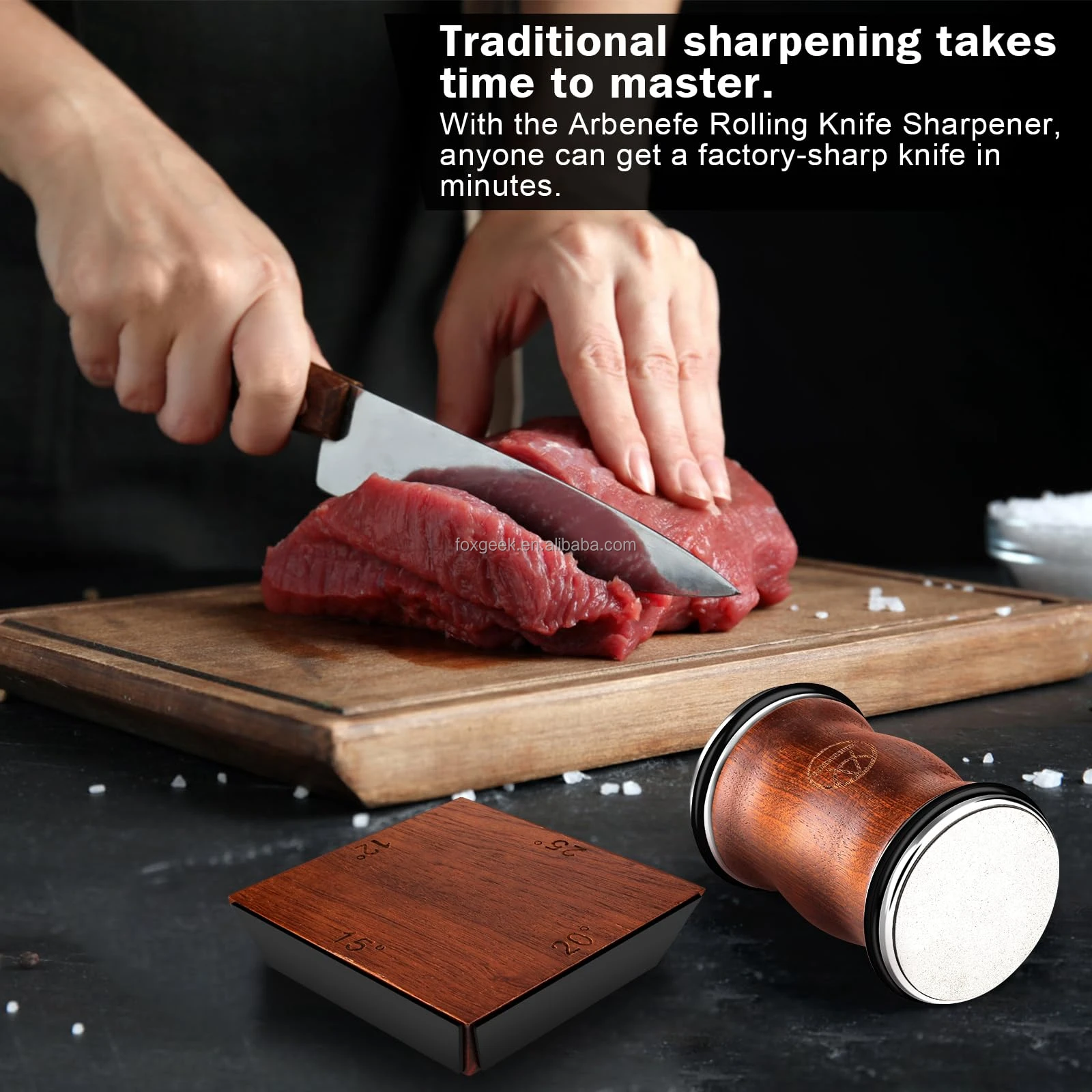 Custom Manual Rolling Knife Sharpener Set 4 Multi Angles Magnetic Kitchen Wooden Knife Base with Diamond Ceramic Discs