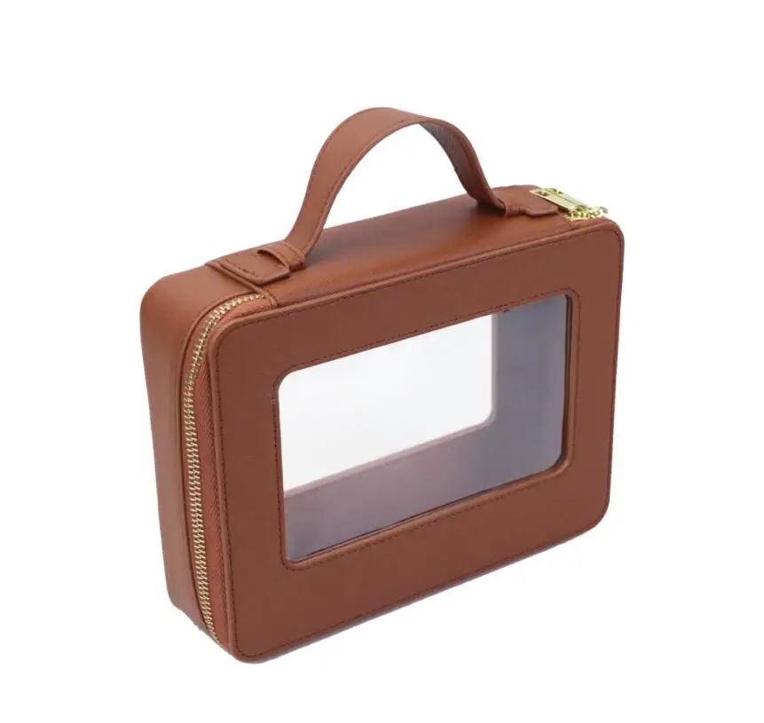 Travel PU saffiano leather makeup bags handle zipper clear wash case transparent cosmetic bag for women