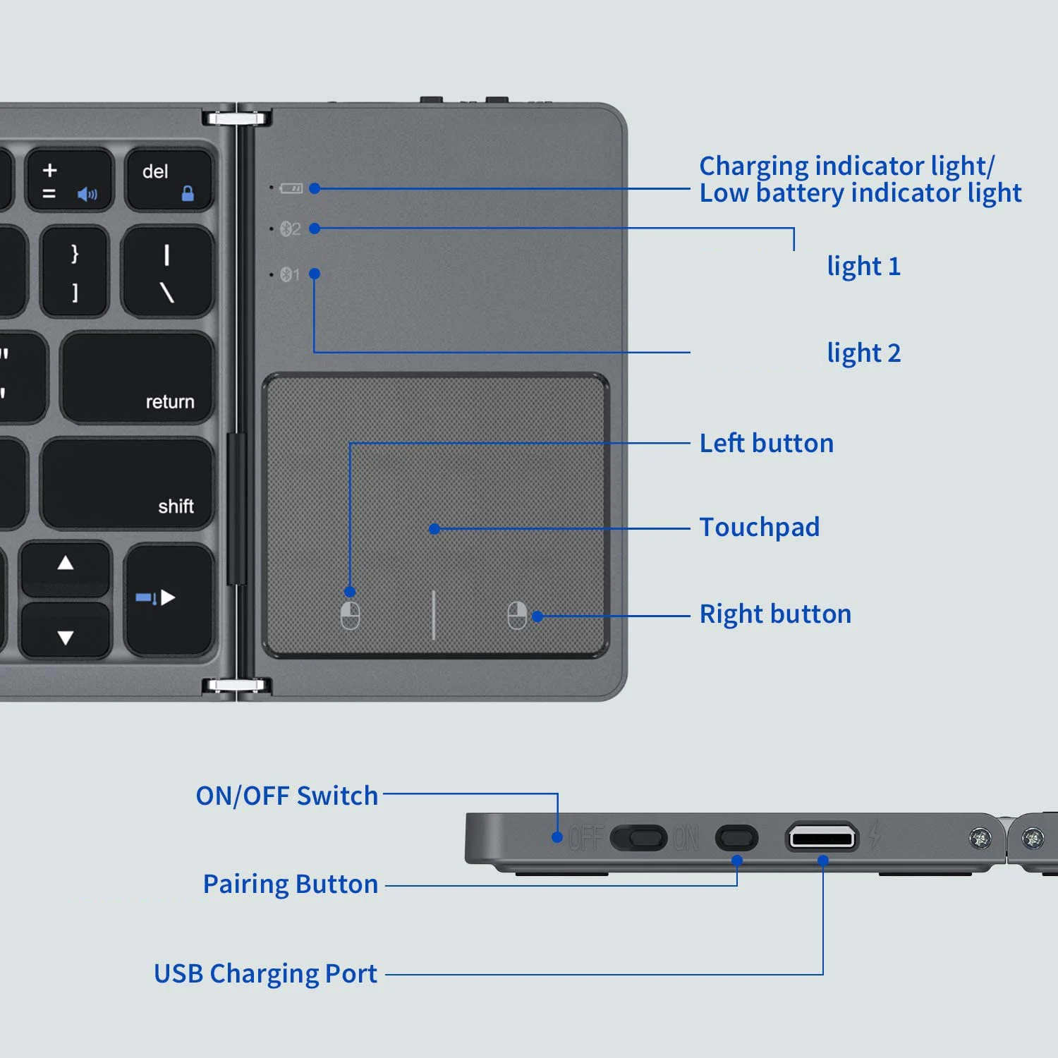 Rechargeable Li-ion Battery Portable Trifold Wireless BT Touchpad Foldable Keyboard for Business Travel