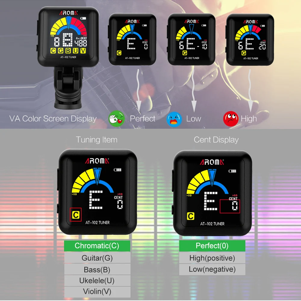 AROMA AT-102 Clip-on Guitar Tuner Rechargeable Color Screen Tuner with Built-in Battery USB Cable