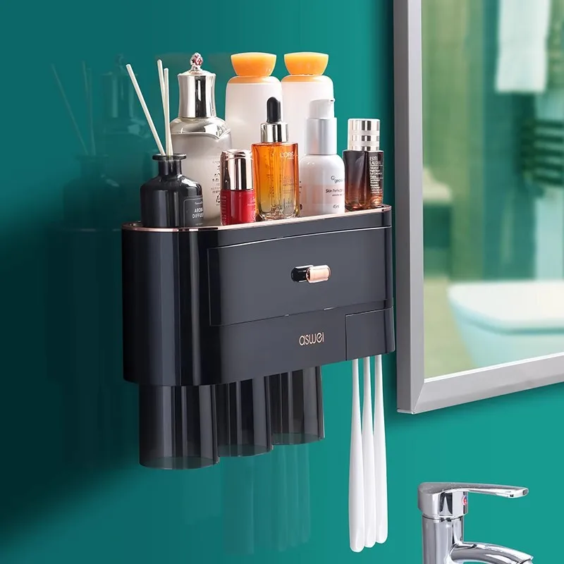 New Design Multifunctional Automatic Toothpaste Tube Dispenser Wall Mounted Plastic Bathroom Organizer Toothbrush Holder