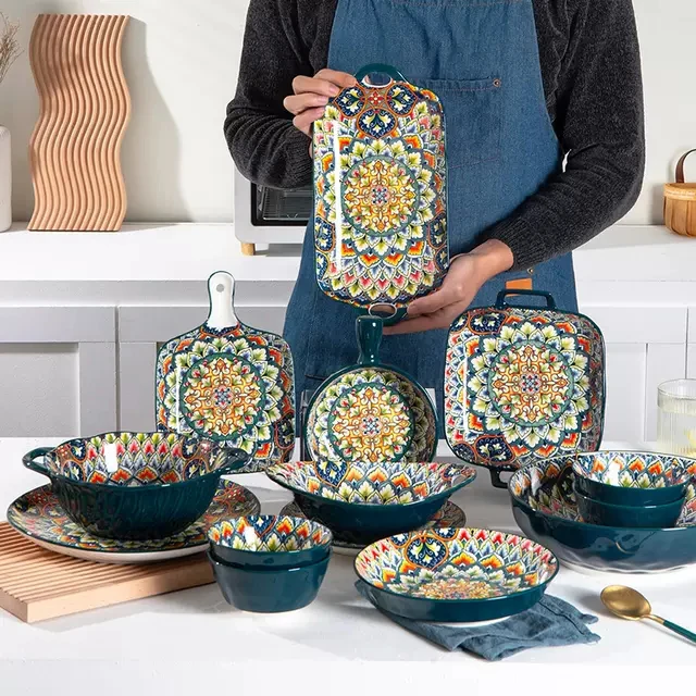 Custom Bohemian design ceramic dinnerware 8-inch ceramic plate dessert plate porcelain dinner set Bohemian dinnerware set