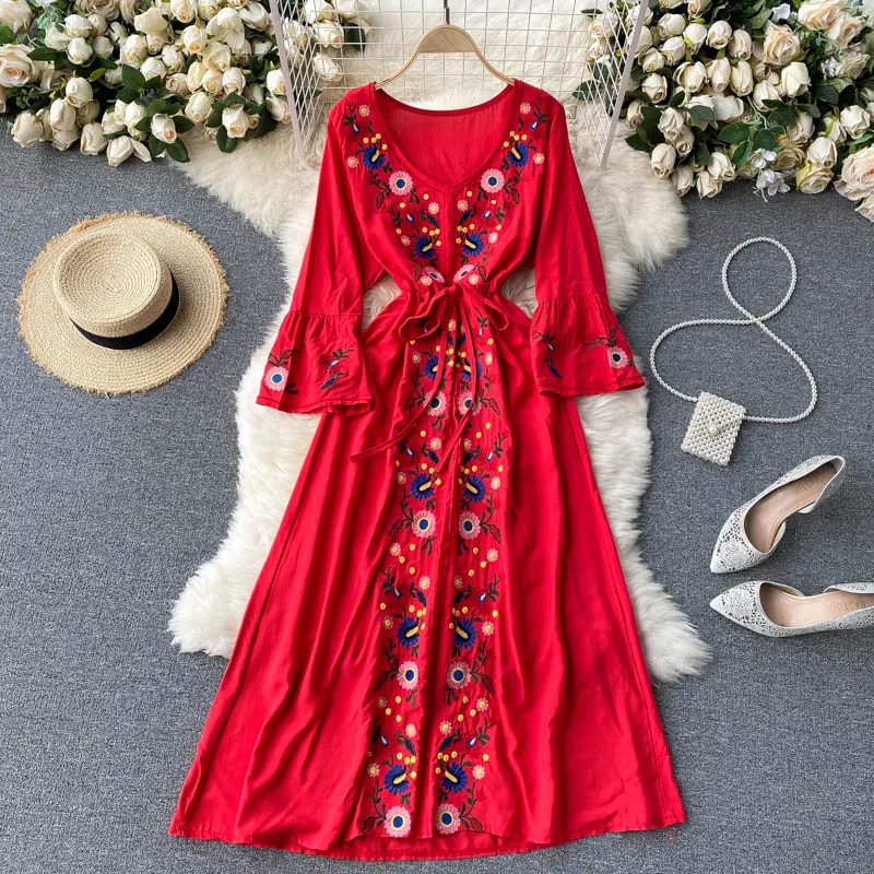 
India Folk Cotton Floral Embroidery Dress V Neck 3/4 Sleeve Casual Women 