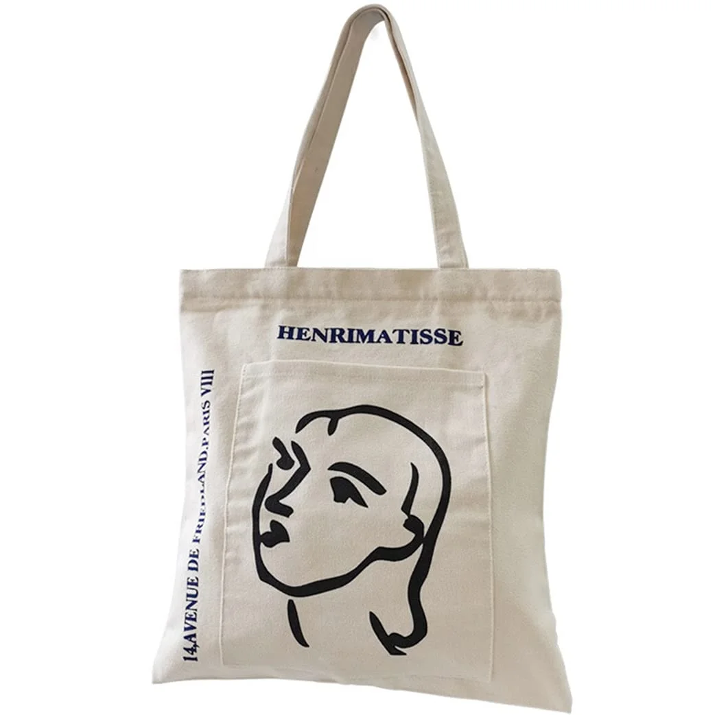 Best Selling Portrait Line Pattern Reusable Shopping Grocery Bag Work Lunch Travel Shoulder 12oz Cotton Canvas Bag With Zipper