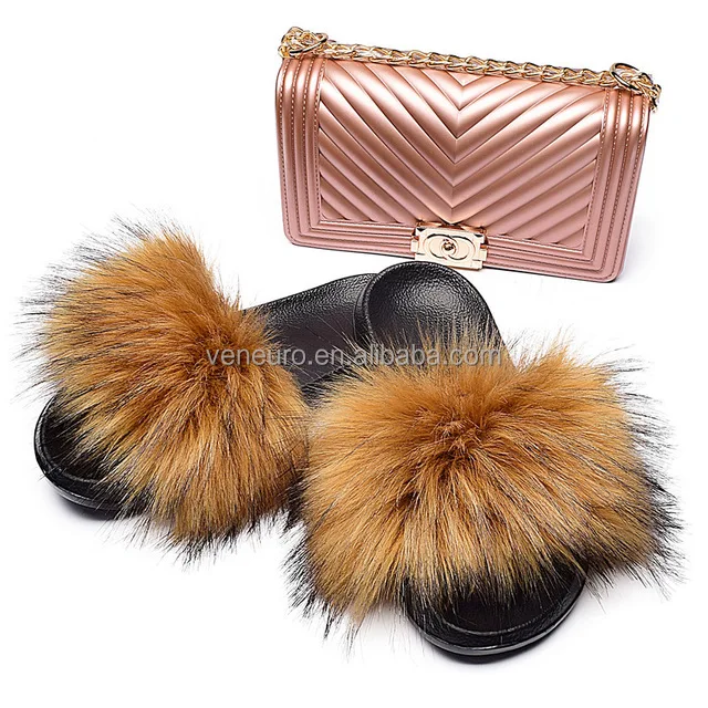 
Fashion Ladies Faux Fur Slider Slippers Fluffy Outdoor Fake fox fur Slide Women Slippers matched jelly purse 