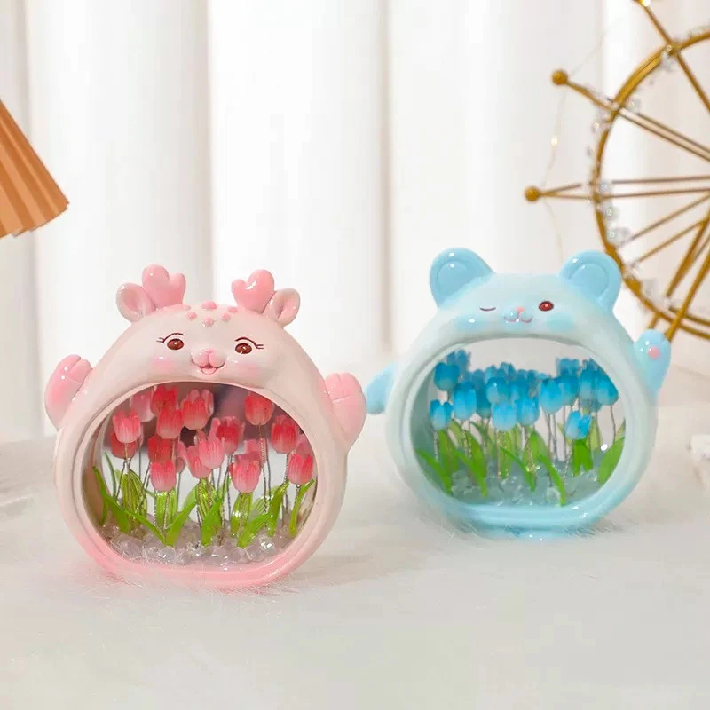 Creative Home Decor Handmade DIY Tulip Animals 10 Flower Lamp Romantic LED Tulip Mirror Night Light for Bedroom Girls Gift