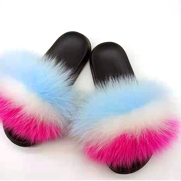 Perfect Wholesale Fashionable Sandals Raccoon Fur Slides Custom Logo Fox Fur Furry Slippers For Women 2020