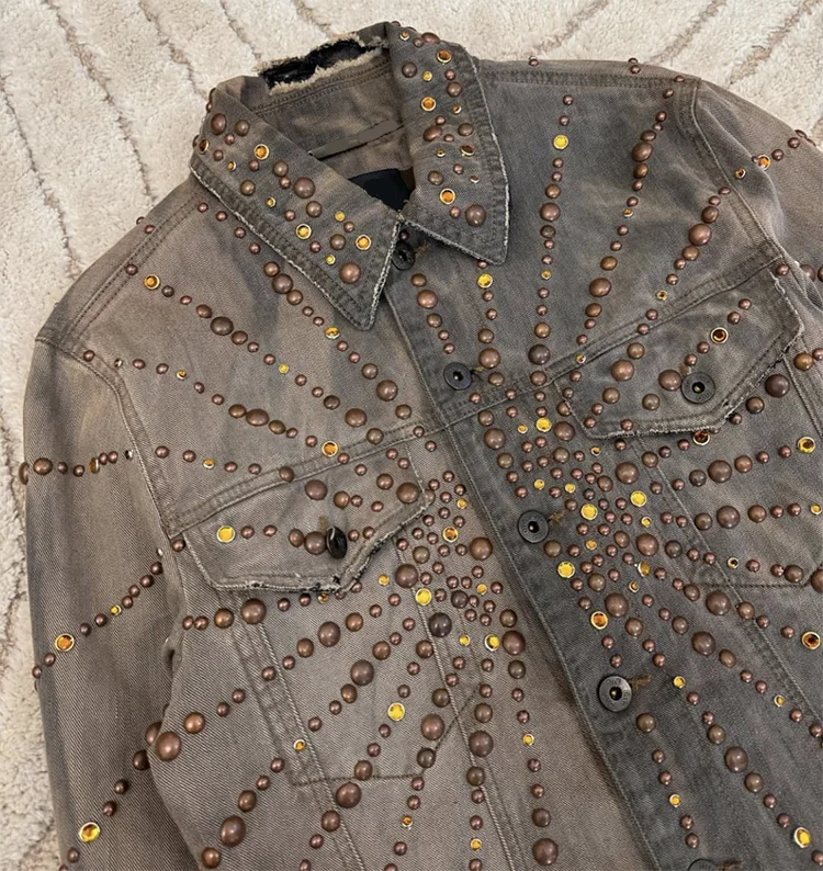 EDGE DENIM Manufacturer Custom distressed vintage washed full rivet rhinestone embroidery men jeans jacket for men
