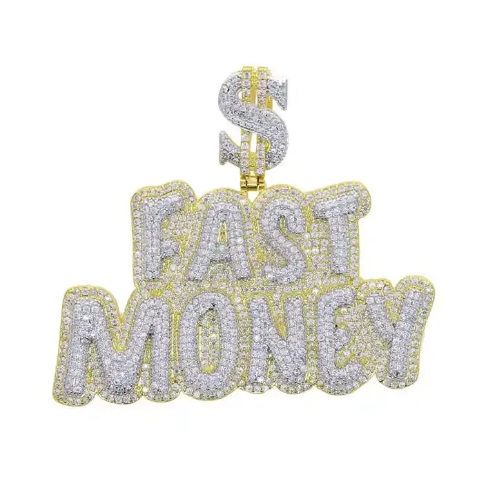 Luxury Hip Hop Bling Men Pendant Full Iced Out Rectangle CZ Cubic Zirconia Dollar Sign Fast Money Necklace Pendant