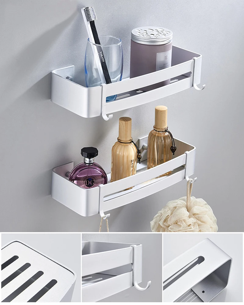 Self Adhesive Wall Mount Shower Corner Shelf with Hooks Bathroom Shower Caddy