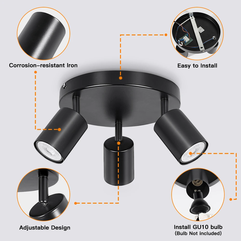 Rotatable 3 Way Black GU10 Spotlight Ceiling Lights Modern Kitchen Lights Ceiling Round Indoor Spot Light Fittings