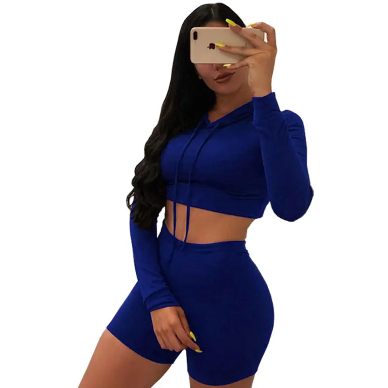 Promotional custom oem woman two piece cropped hoodie short set women clothing