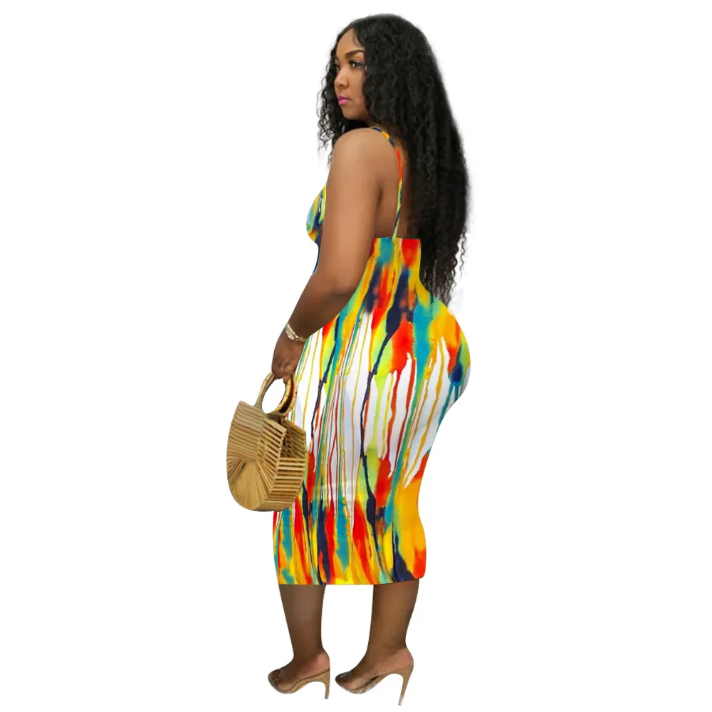 S-3XL 2022 Summer Casual New plus size women clothing sexy halter Loose Tie dye Sleeveless Maxi Dress