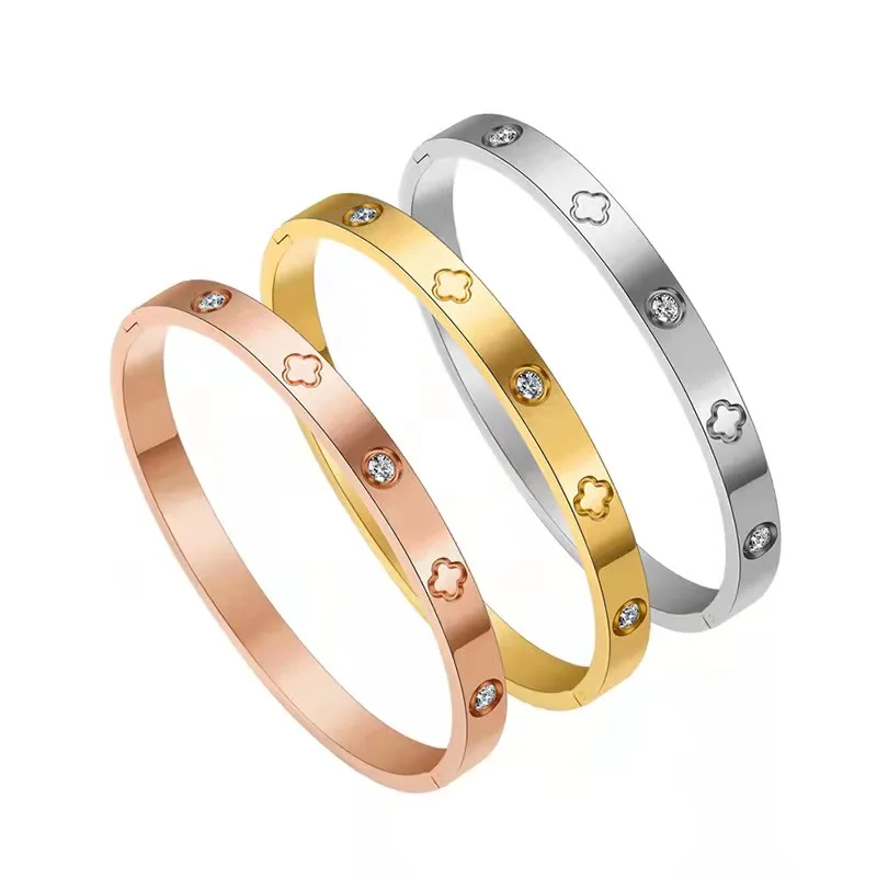 Gold Rose Gold Plated Bangle Bracelet CZ Stone Stainless Steel Cross Four Clover Bangle Bracelets for Women Jewelry