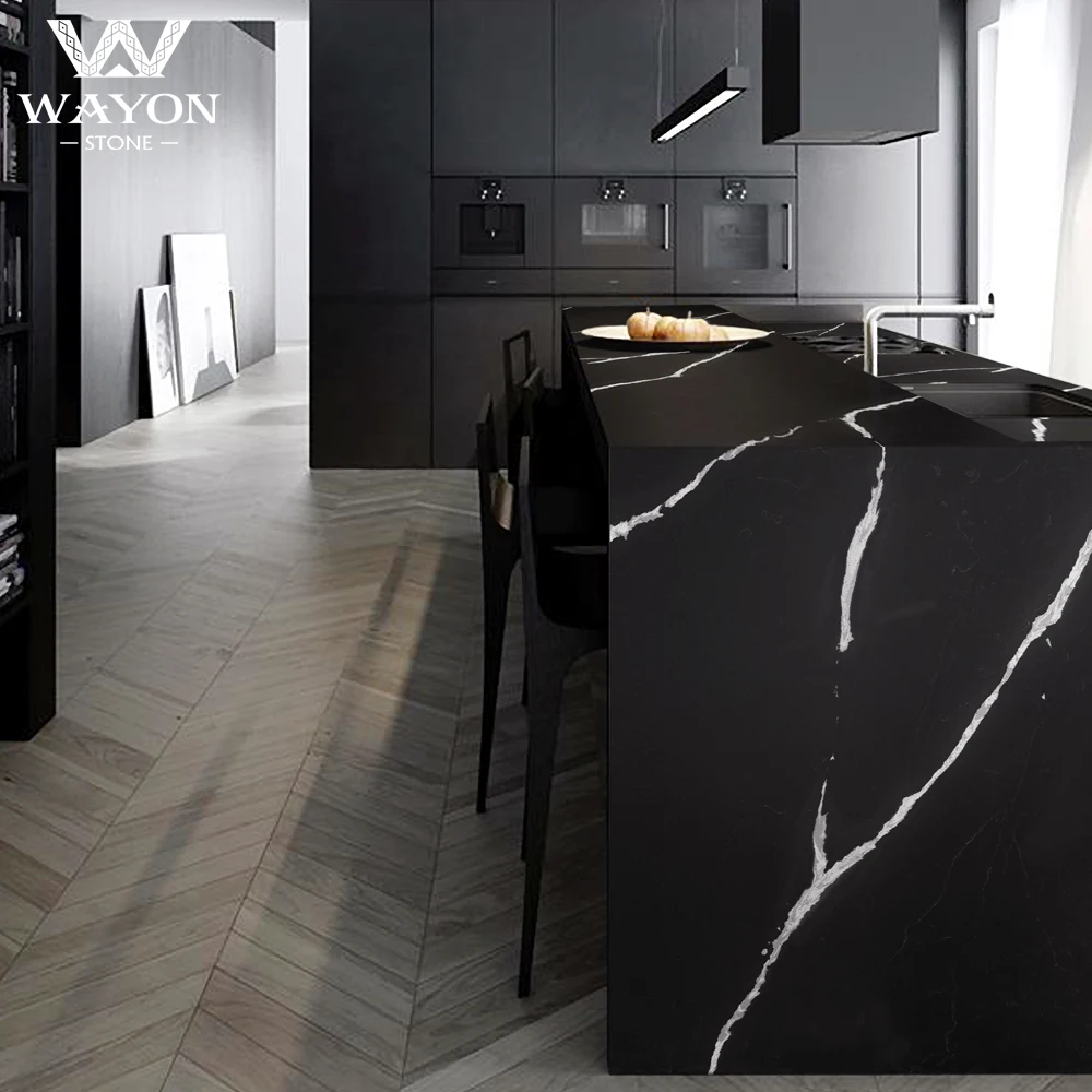 Artificial Quartz Stone Wholesale Black Calacatta Quartz Slab Countertop Stone With White Vein Quartz Slab Manufacturer in China