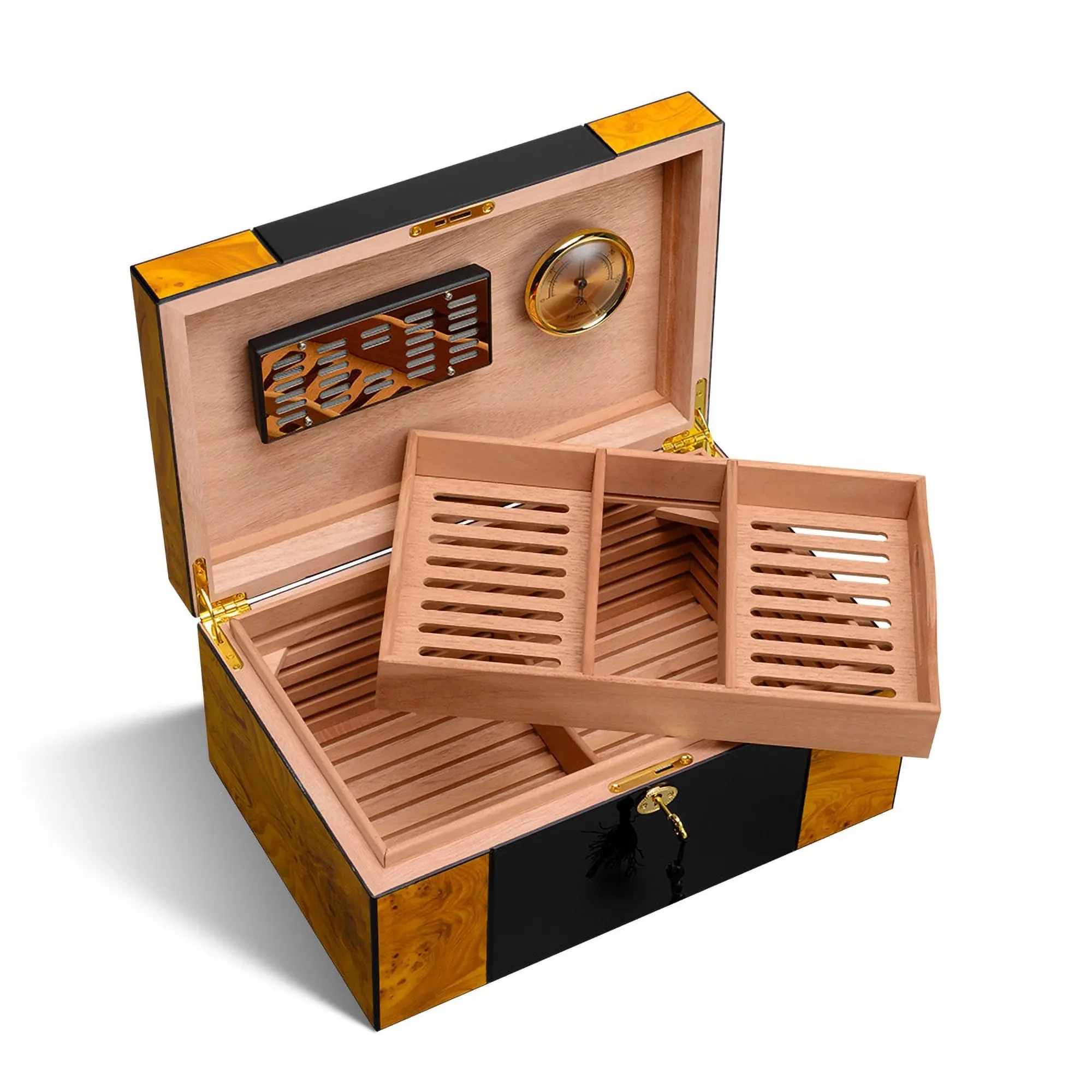 Cedar Wood Cigar Humidor Case Piano Paint Display Box Humidor With Lock Key Cigar Humidifier Hygrometer
