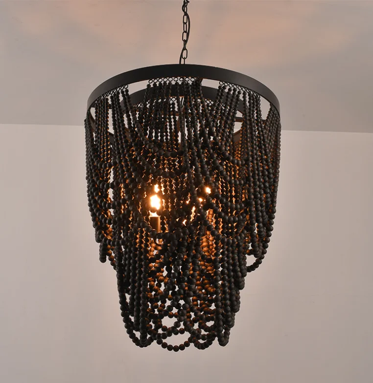 American  countryside BOHEMIA Retro Wood Art Wooden Bead Design Nordic Ceiling Lighting Chandelier For Living Room