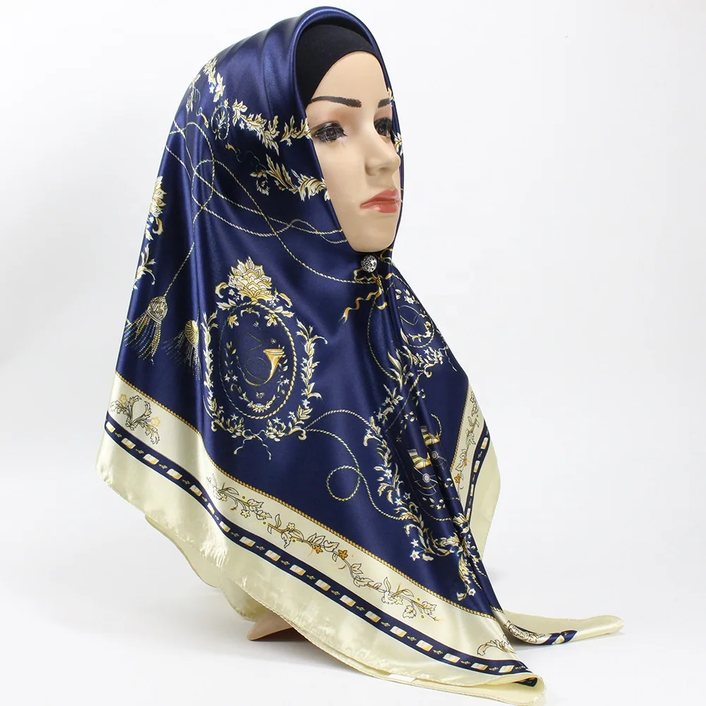 best selling satin scarf for hair women silk sublimation chain print luxury satin edge square scarf
