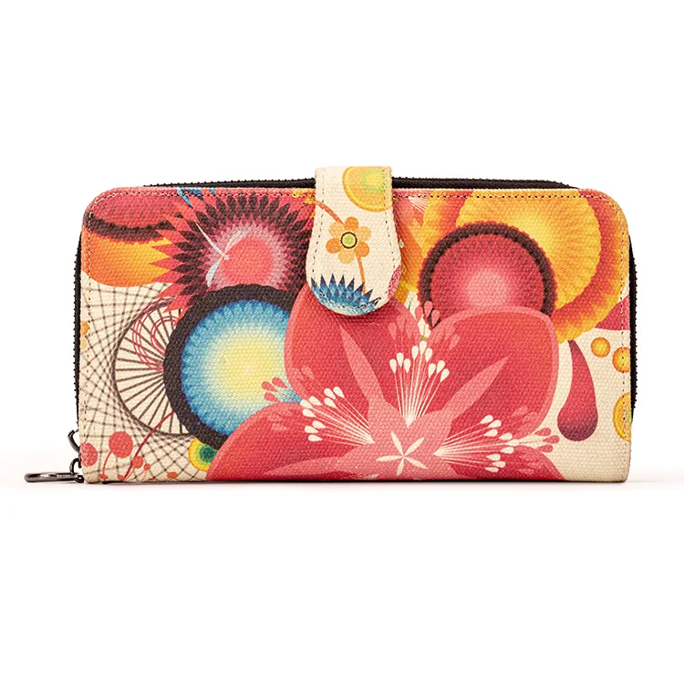 Beautiful Multi-style Canvas Women Wallet Mobile Phone Bag Large Capacity Coin Purse With Wrist Strap