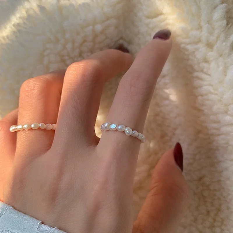R0109 natural freshwater pearl rings adjustable rice pearl elastic ring women