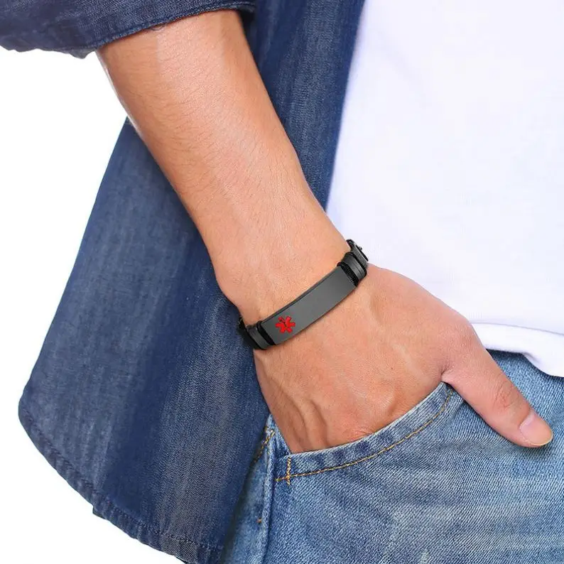 Tryme Personalized Engrave Medical Alert ID Bracelets for Men, Black Stainless Steel Male Wristband Jewelry, Length Adjustable